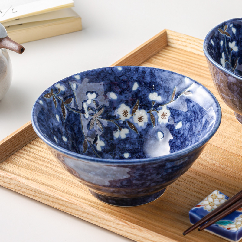 日本制进口蓝樱花陶瓷吃饭碗餐具日式多用米饭碗汤碗拉面碗甜品碗