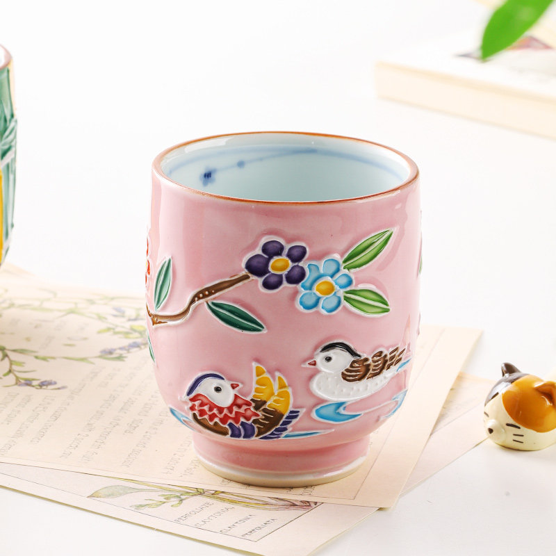 日本进口清水烧手作鸳鸯陶制交趾釉浮雕茶杯汤吞寿司杯杯子手握杯