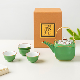 小鹿田烧手描绿釉提梁壶高颜值高档轻奢茶具 日本进口茶壶茶杯套装