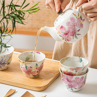 高颜值花香陶瓷茶壶茶杯日式 小鹿田烧日本茶具套装 陶瓷家用泡茶壶
