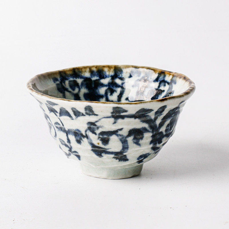 日本制手作进口手绘唐草粗陶日式餐具饭碗反口碗小碗复古家用陶制