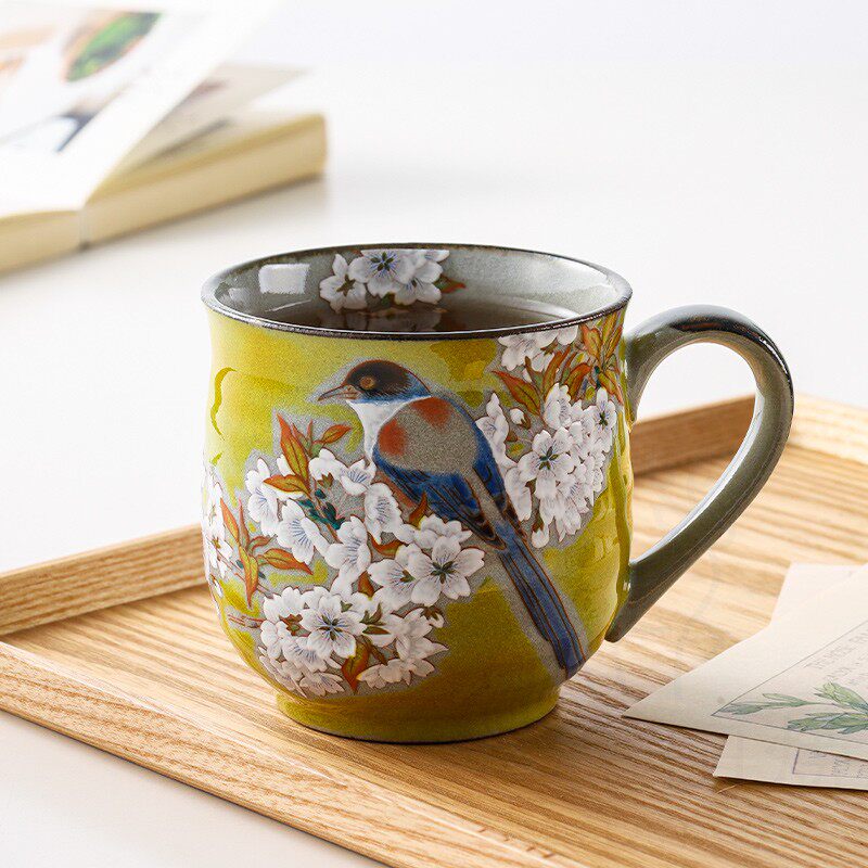 日本进口九谷烧马克杯陶瓷手绘樱花雀鸟家用水杯女生茶杯日式杯子