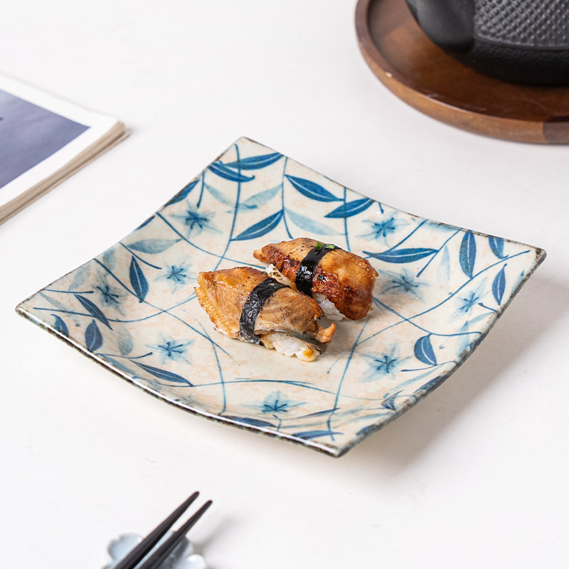 日本进口四方盘小鹿田烧日式陶瓷黄泥桔梗盘子家用点心水果盘餐具