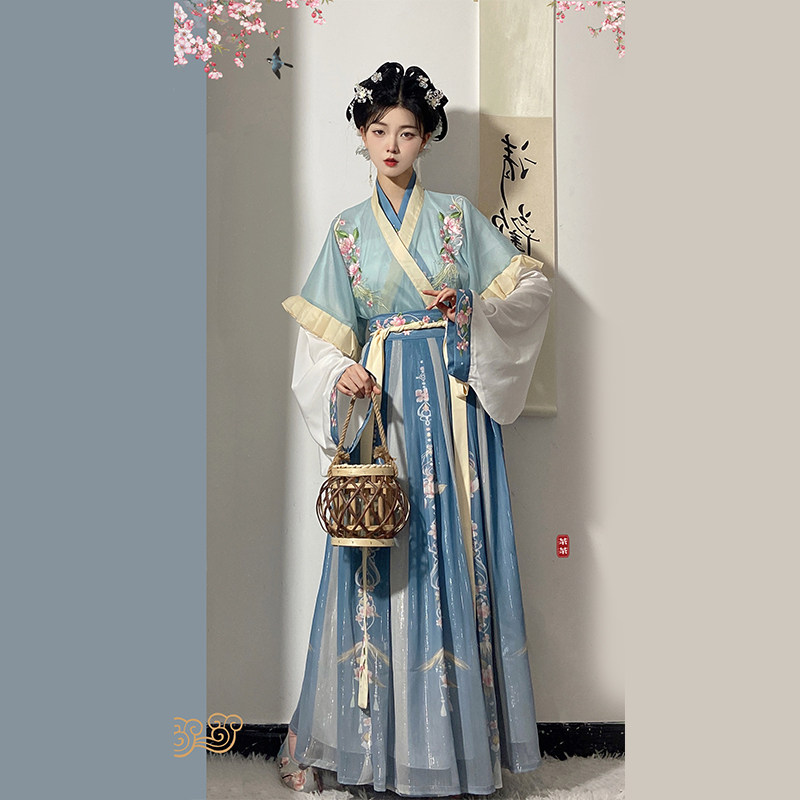 原创魏晋风汉服女成人2023春季新款桃花古装中国风齐腰一片式襦裙