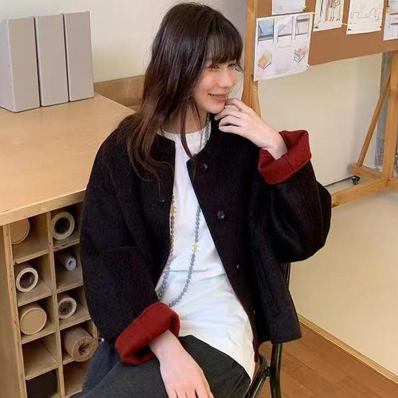 双面羊毛大衣女短款圆领拼色显瘦