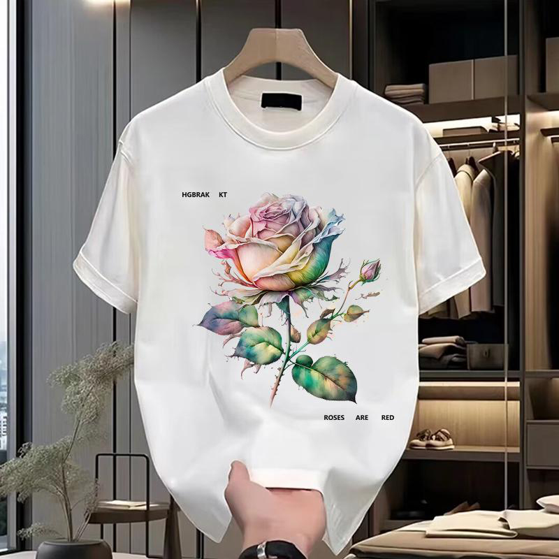 夏季新款玫瑰花印花短袖t恤男士潮牌修身时尚设计感百搭圆领上衣