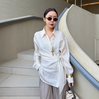 爱姐家ELSISSI天丝羊毛不对称宽松衬衫女春季老钱风松弛气质上衣