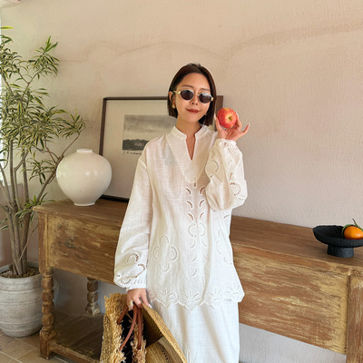 爱姐ELSISSI老钱风刺绣衬衣女春季新款高级感百搭显瘦衬衫上衣