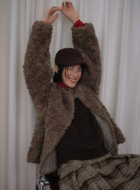 UNITY MODE 仿长毛极简皮草外套女冬季开衫小圆领简约外套