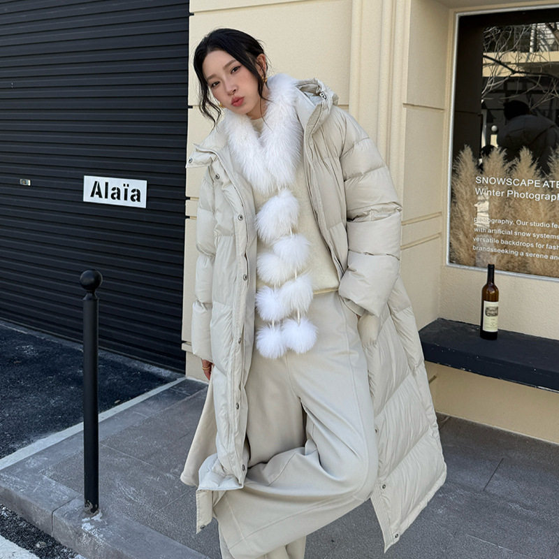 ELSISSI爱姐家宽松加厚保暖鸭绒加长款过膝羽绒服冬季90白鸭绒