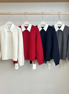 现货MAR  TG全羊毛百搭假两件衬衫领拼接套头毛衣女冬款26061