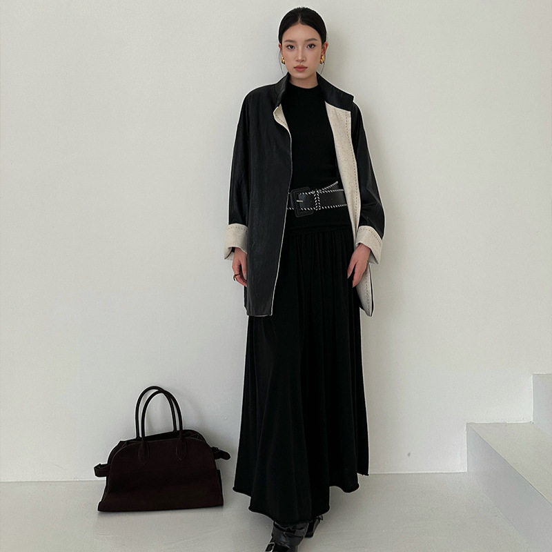 ELSISSI黑色立领中长款卷边袖皮衣2025冬季十三行小个子PU外套女