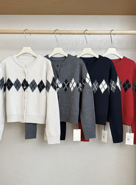 现货MAR  TG复古常青藤羊毛混纺菱格圆领毛衣厚开衫女冬季26072