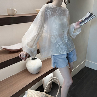MAR   初打十三行夏暗纹微透圆领提花防晒衫刺绣衬衫女CSA2145