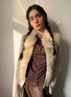 UNITY MODE  皮毛一体针织外套女冬季假两件拼接开衫外套530015