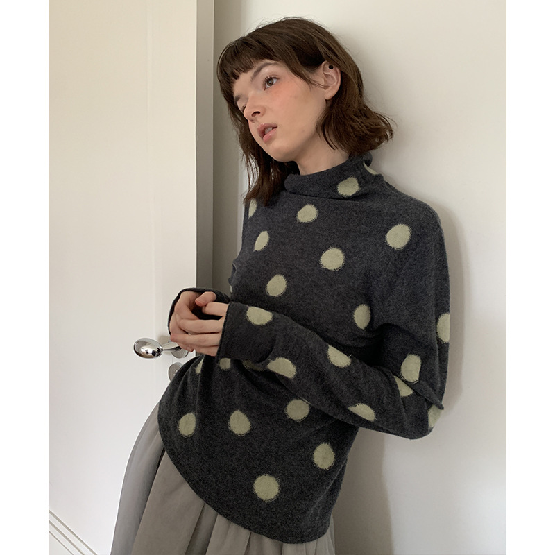 UNITY MODE 100%羊毛16针波点高领内搭针织衫女冬季修身上衣53001