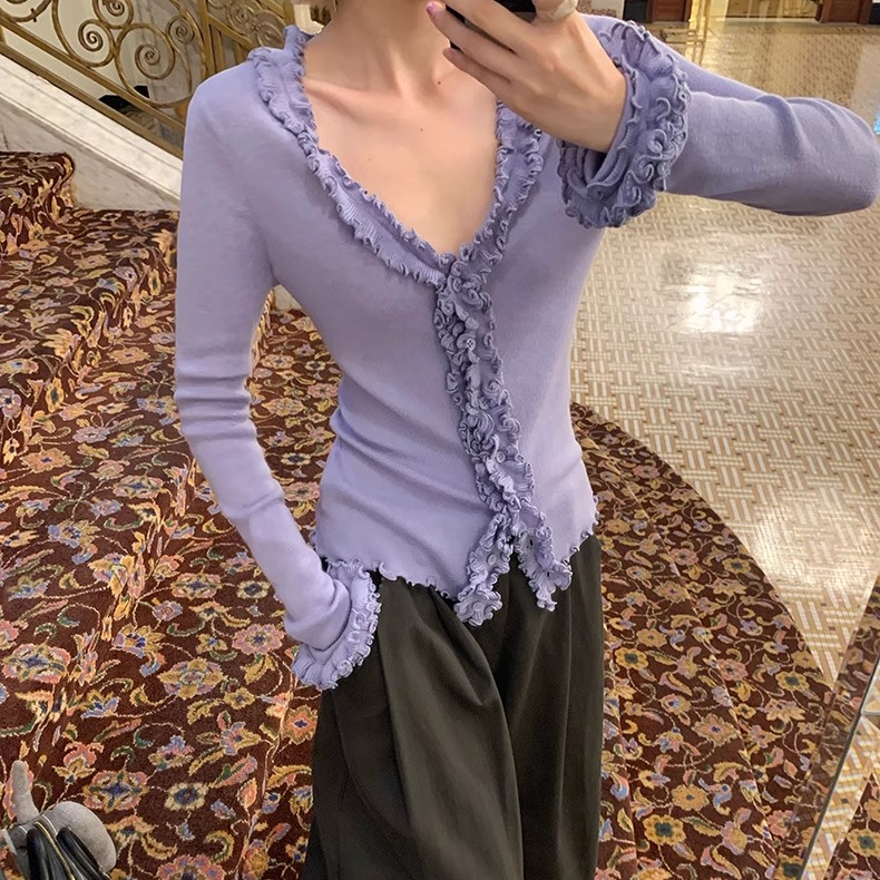 UNITY MODE 层叠荷叶边毛衣开衫女秋v领开叉修身上衣251089