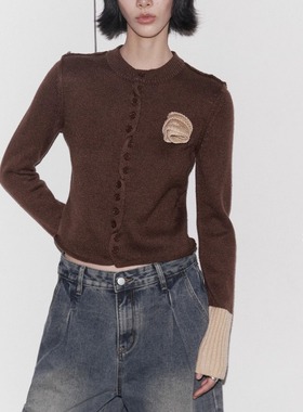 UNITY MODE 温柔甜美立体玫瑰花纯棉毛衣女秋冬拼接撞色针织开衫