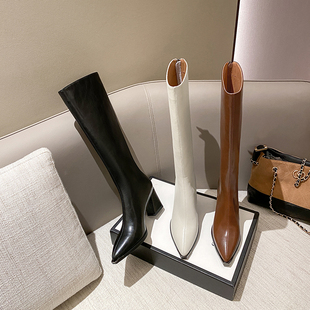 跟高6CM 小尖头骑士靴百搭通勤巨显瘦日常中跟女 粗腿加加大筒大码