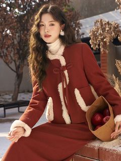 新中式国风两件套装秋冬新款小香风毛绒拼接外套+半身裙新年战袍