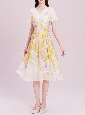 现货音影儿2025夏季新款拉珂同款气质V领印花收腰连衣裙RF06865E1