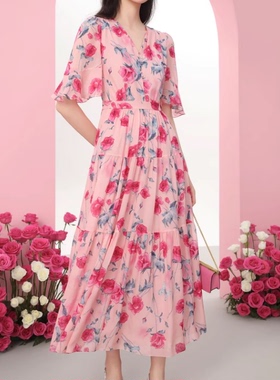 现货音影儿2025年夏季新款珂家同款桑蚕丝印花V领连衣裙KF10317T1