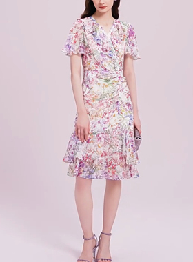 现货 音影儿2025夏季新款拉珂同款气质喇叭袖印花连衣裙RF06958V1