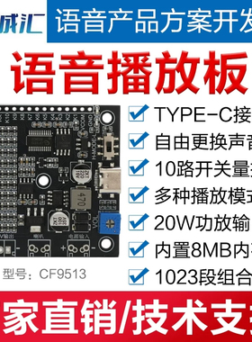 语音播放板TYPE-C接口更换声音10路开关量控制20W功放输出CF9513