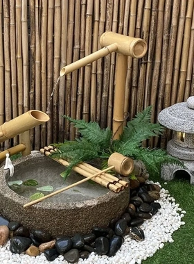 日式石钵水钵石盆石灯笼禅意庭院