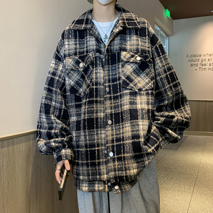 美式复古格子外套男款春秋潮牌高街vibe棒球服小香风衬衫夹克褂子