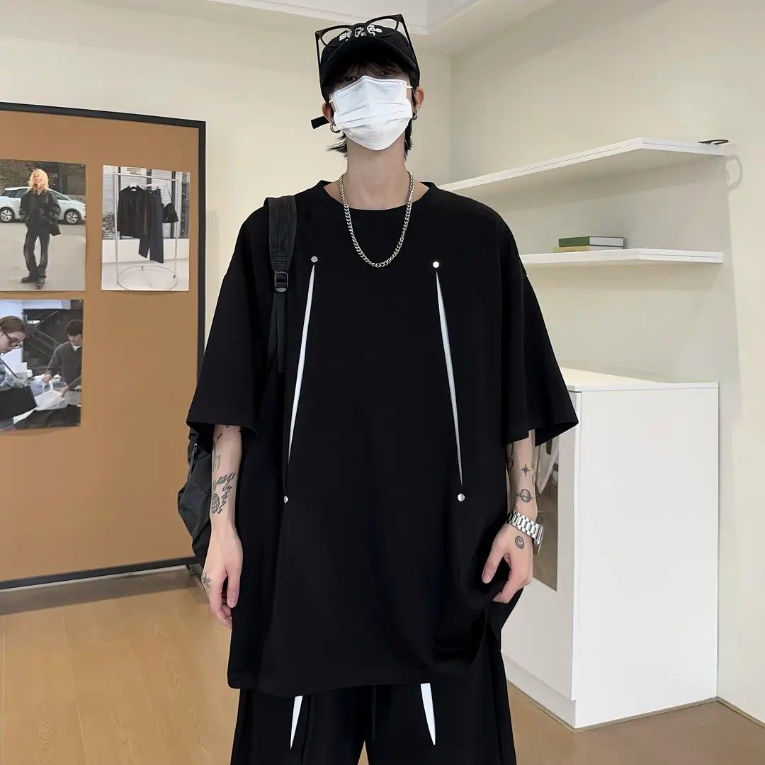 美式复古短袖T恤男生酷帅一整套