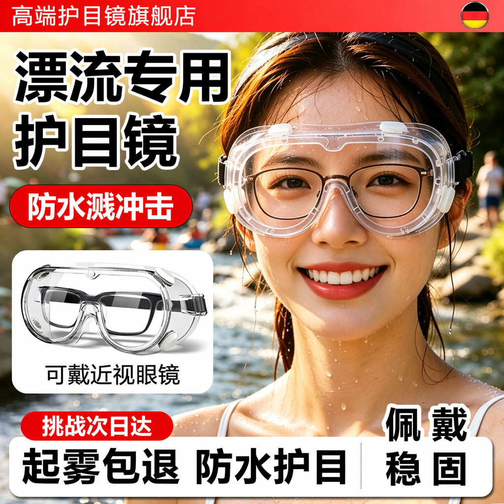 漂流护目镜高清透明漂流装备防飞溅防灰尘防雾护眼打水仗眼镜防水