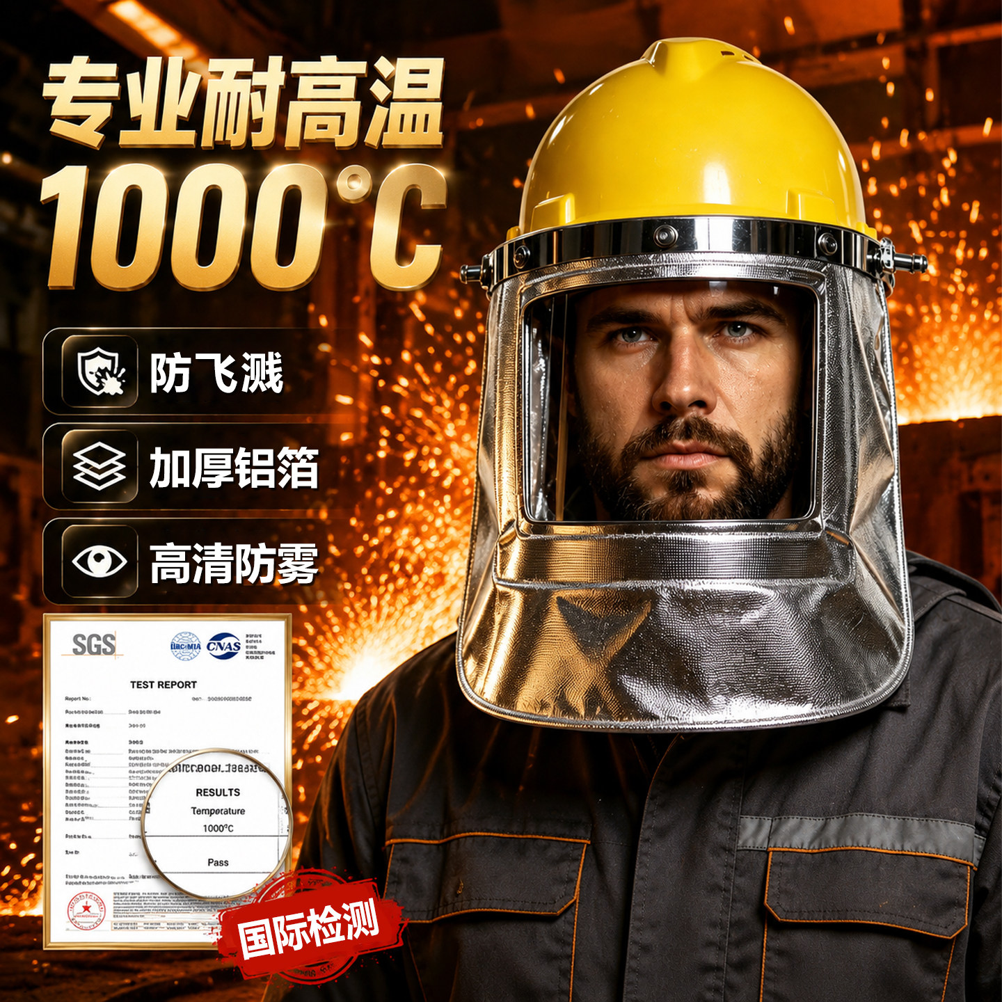 防烤脸耐高温防火面罩炼钢厂锻造隔热电焊1000度铝箔安全帽式防护 - 实物图