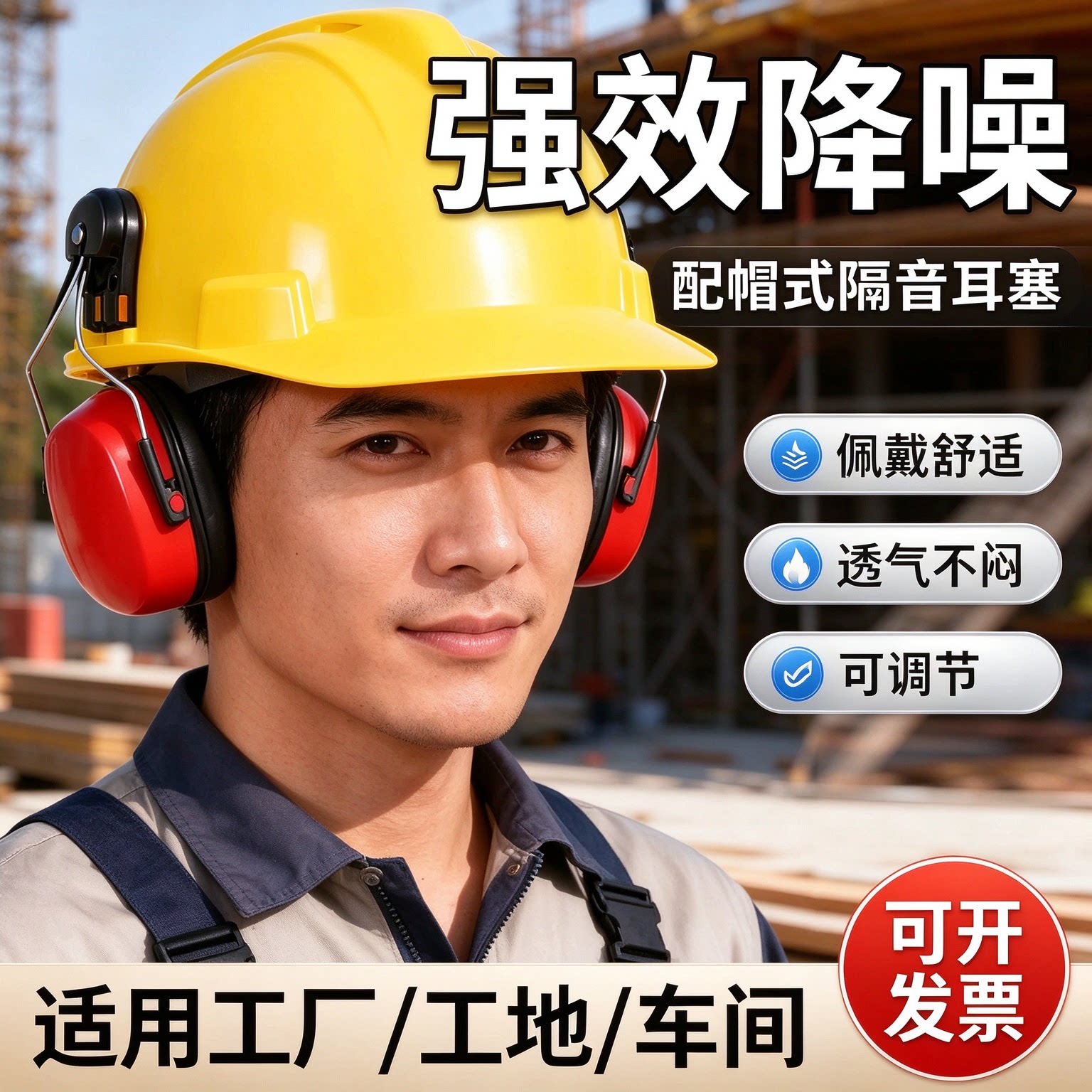 工业级防噪音耳罩挂安全帽隔音降噪静音防护打磨割草机劳保配帽式