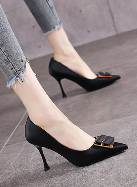 真皮法式黑色高跟鞋女2025春秋季尖头细跟小众气质高级感7CM单鞋