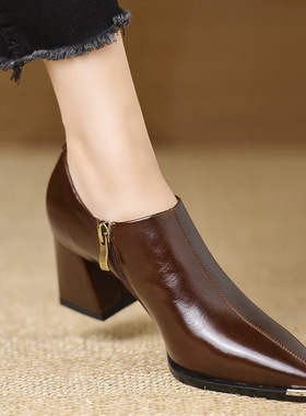 法式气质百搭深口高跟鞋女2025秋冬侧拉炼 炼 不累脚覆古尖头粗跟