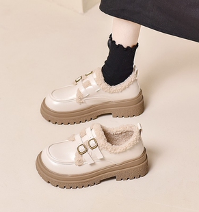 真皮厚底小皮鞋女2025新款秋冬季加绒配裙子英伦风增高覆古乐福鞋