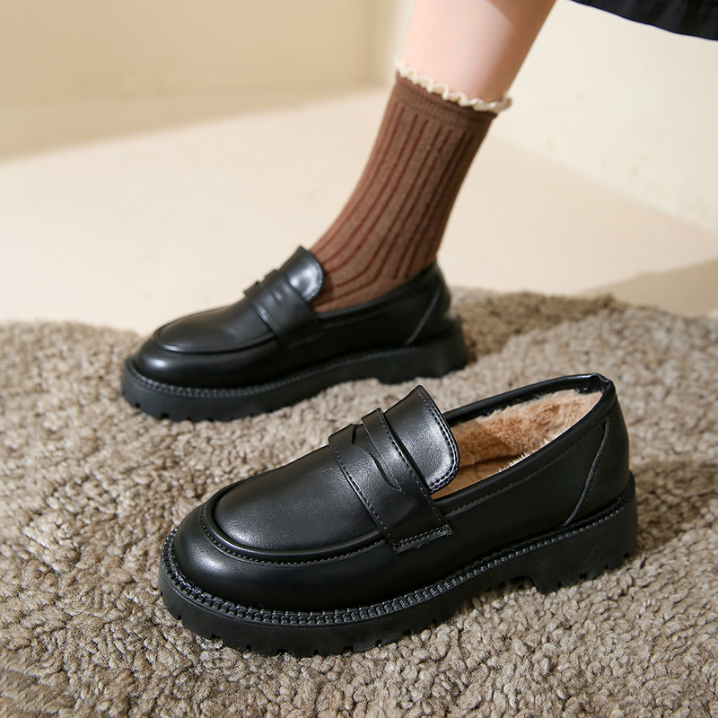 加绒乐福鞋女英伦风2025年秋冬季新款黑色平底真皮豆豆单鞋小皮鞋