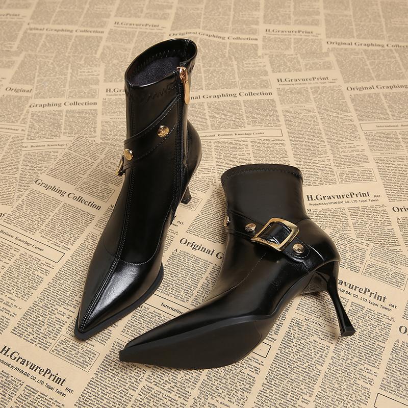 真皮法式尖头细跟马丁靴女2025年秋冬季新款百搭高跟鞋休闲短靴子