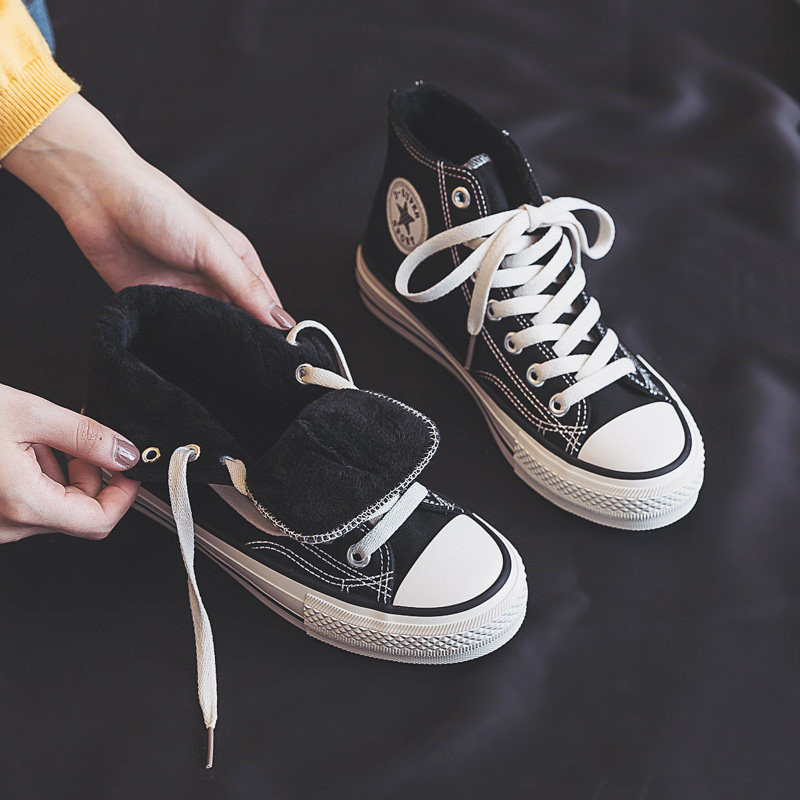 加绒高帮小白鞋帆布鞋女鞋2025年秋冬季新款保暖棉鞋二棉鞋板鞋