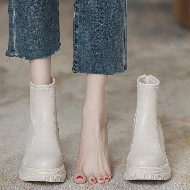 真皮米白色马丁靴女2025秋冬英伦风内增高新款小个子高跟瘦瘦短靴