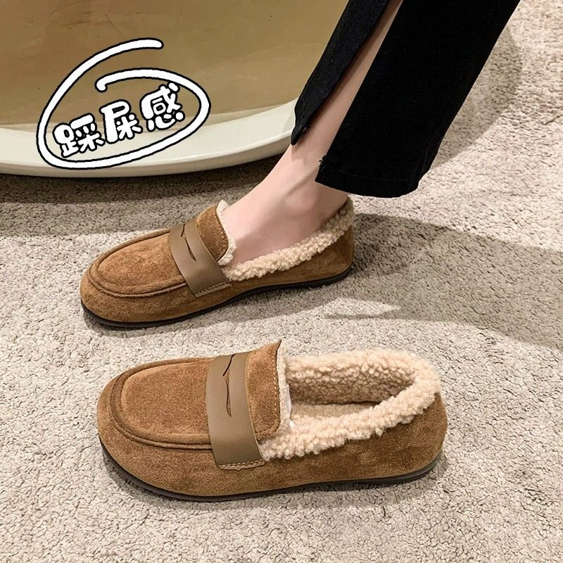 磨砂真皮加绒豆豆鞋女2025年秋冬季时尚平底一脚蹬保暖厚底博肯鞋,女鞋,乐福鞋（豆豆鞋）,淘宝优惠券,粉丝福利购,淘宝优惠卷