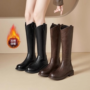 真皮时尚V口长筒靴女2025新款秋冬加绒厚底显瘦大筒围加宽骑士靴