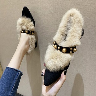 真兔毛毛鞋女外穿2025新款冬季尖头高跟粗跟保暖棉鞋加绒豆豆鞋子