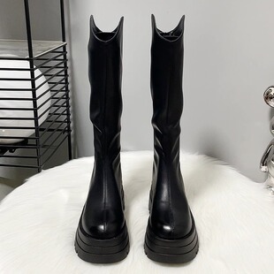 厚底不过膝长筒靴女小个子2025年秋冬季 增高7cm美拉德骑行靴 新款