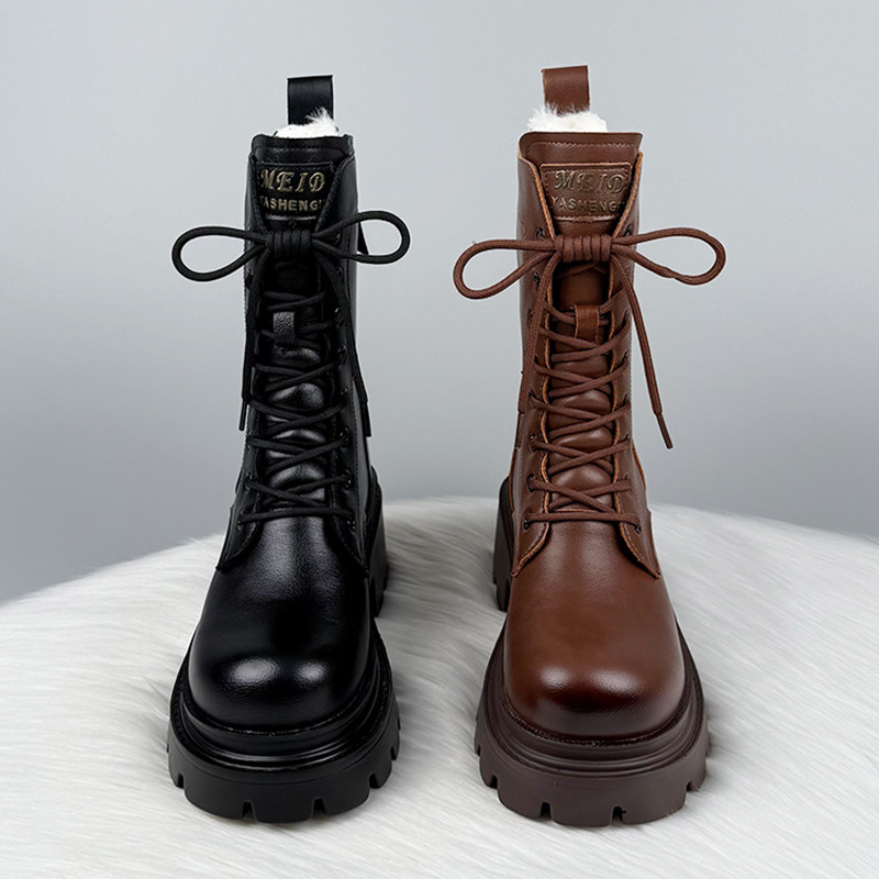 厚底加绒加厚马丁靴女2025秋冬新款百搭中筒小个子增高短靴雪地靴