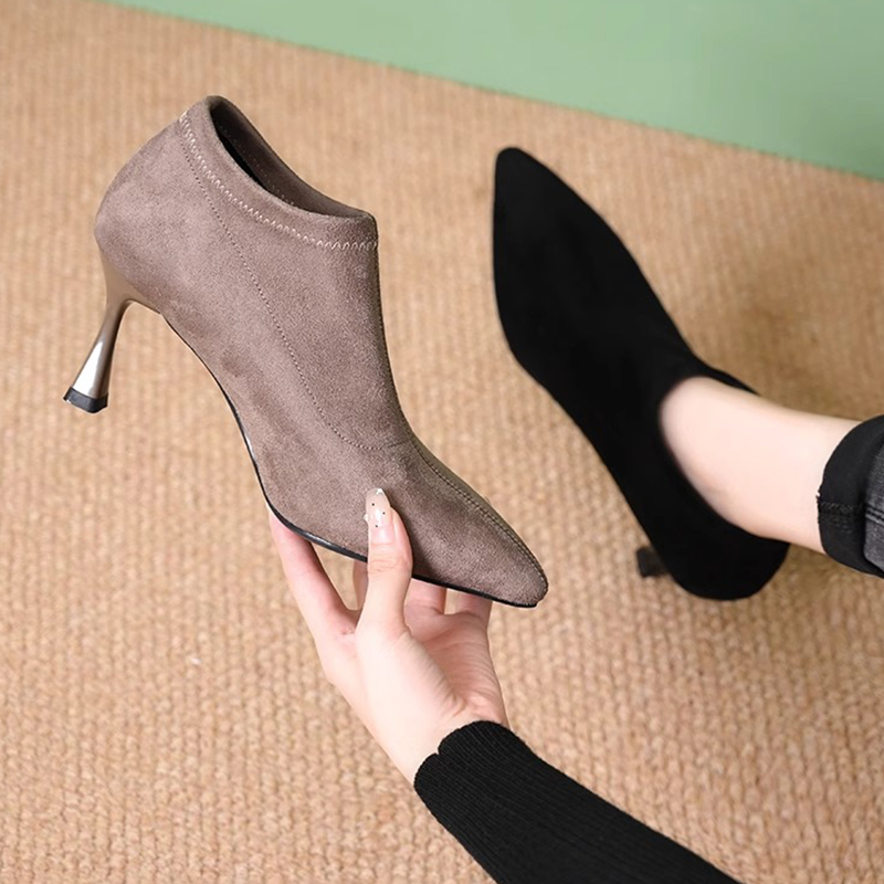 细跟尖头深口高跟鞋女2025年秋季新款时尚单靴短靴显瘦裸靴1124r
