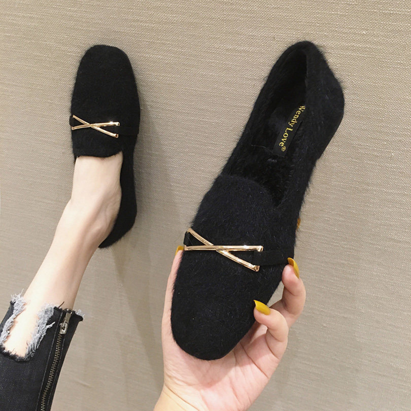 毛毛鞋女外穿平底2025秋冬季乐福鞋加绒豆豆鞋黑色一脚蹬软底单鞋