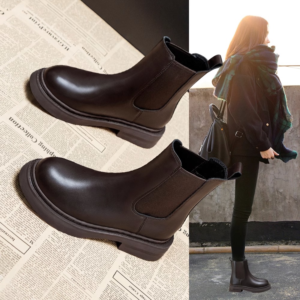 真皮切尔西短靴女2025年秋季新款英伦风烟筒平底棕色短筒马丁靴子