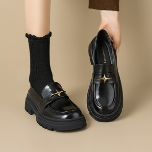 真皮厚底乐福鞋女2025年春季新款黑色单鞋正装英伦小皮鞋大尺码女